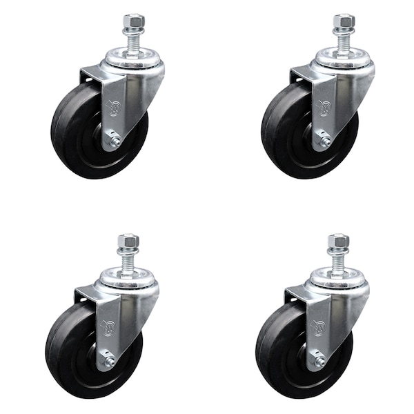 4 Inch SS Soft Rubber Wheel Swivel 1/2 Inch Threaded Stem Caster Set SCC